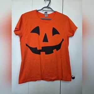 🌷Gildan Women's L Jack-O-Lantern Pumpkin Face Orange Short Sleeve Tee